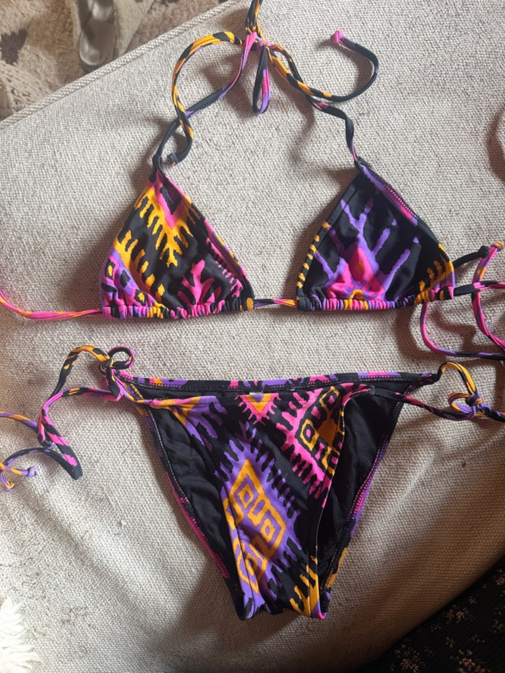 Tibi Black Bikini with Pink, Purple & Yellow Tribal Print
